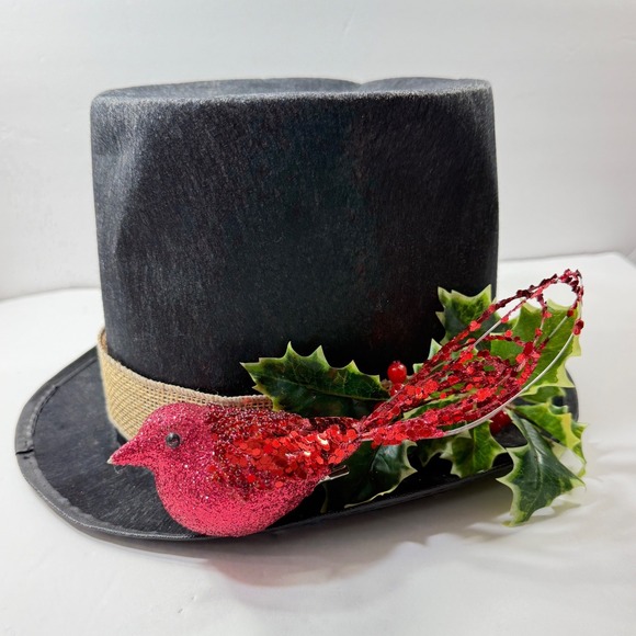 Christmas Vintage Top Hat Steampunk Decorative Black Felt Burlap Holly Red Bird - Picture 2 of 12